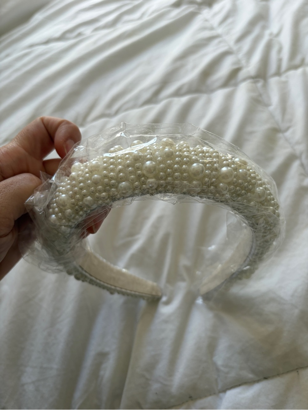Bridal Pearl Beaded Padded Headband - White